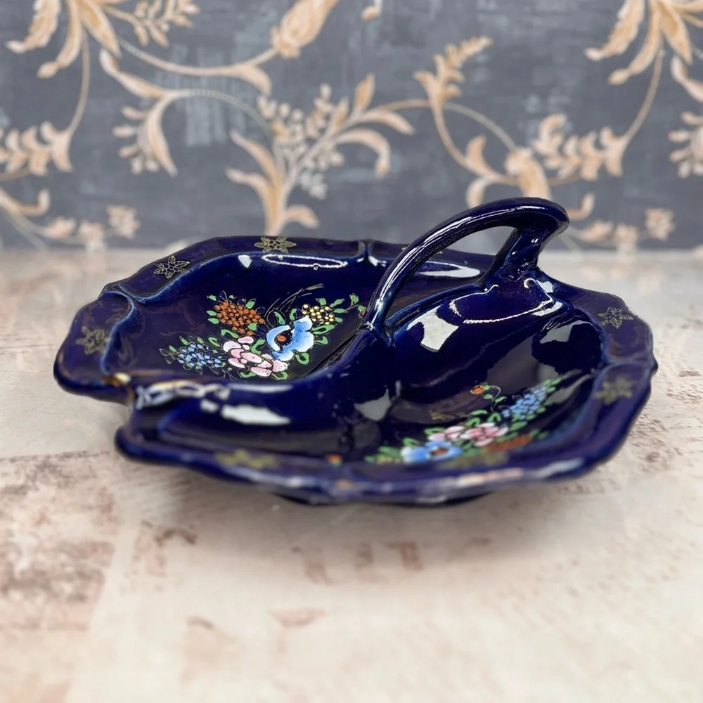 Vintage Tashiro Shoten Japan Cobalt Moriage Divided Candy Nut Dish